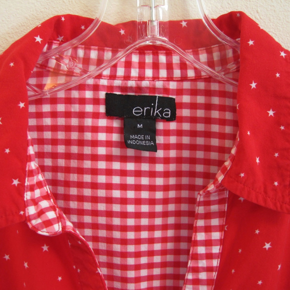 Erika Blouse-Button Top-Red Stars-Gingham Edge-M - Picture 3 of 8